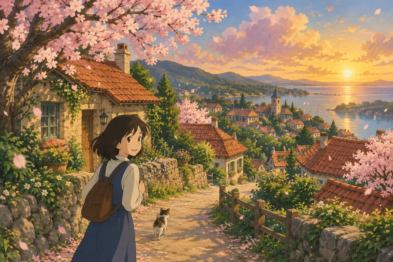 A cozy hillside village at golden hour, cherry blossoms drifting over a winding path, warm painterly light
