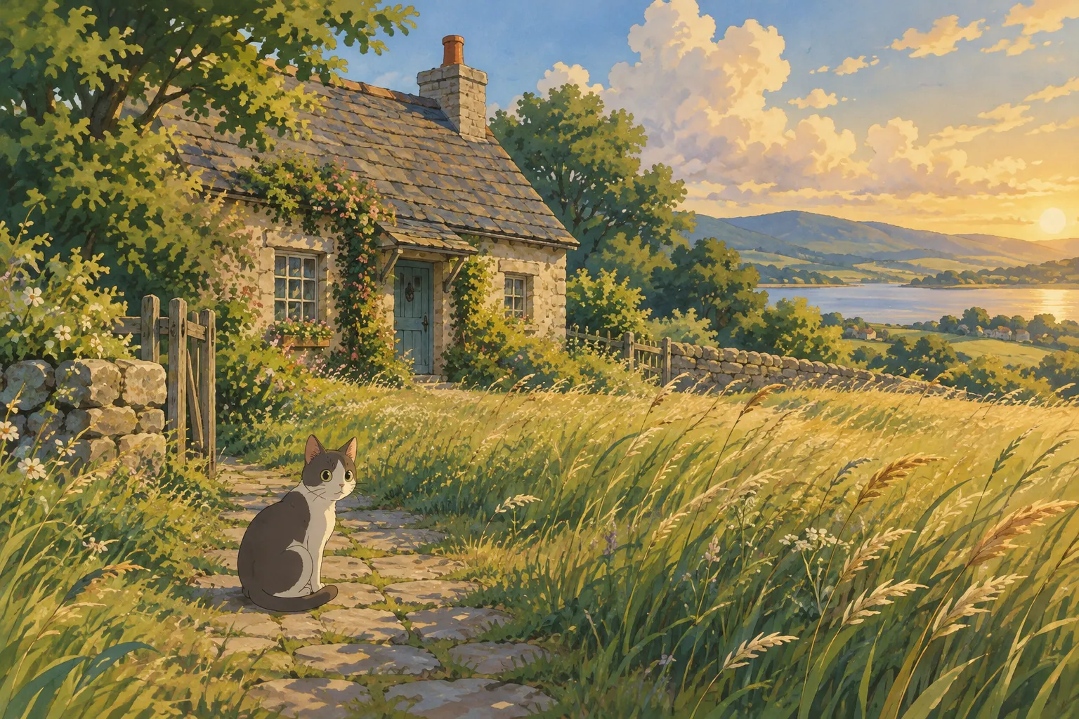 A quiet countryside scene with a cottage, tall grass swaying in golden afternoon light, and a small cat sitting on a stone path