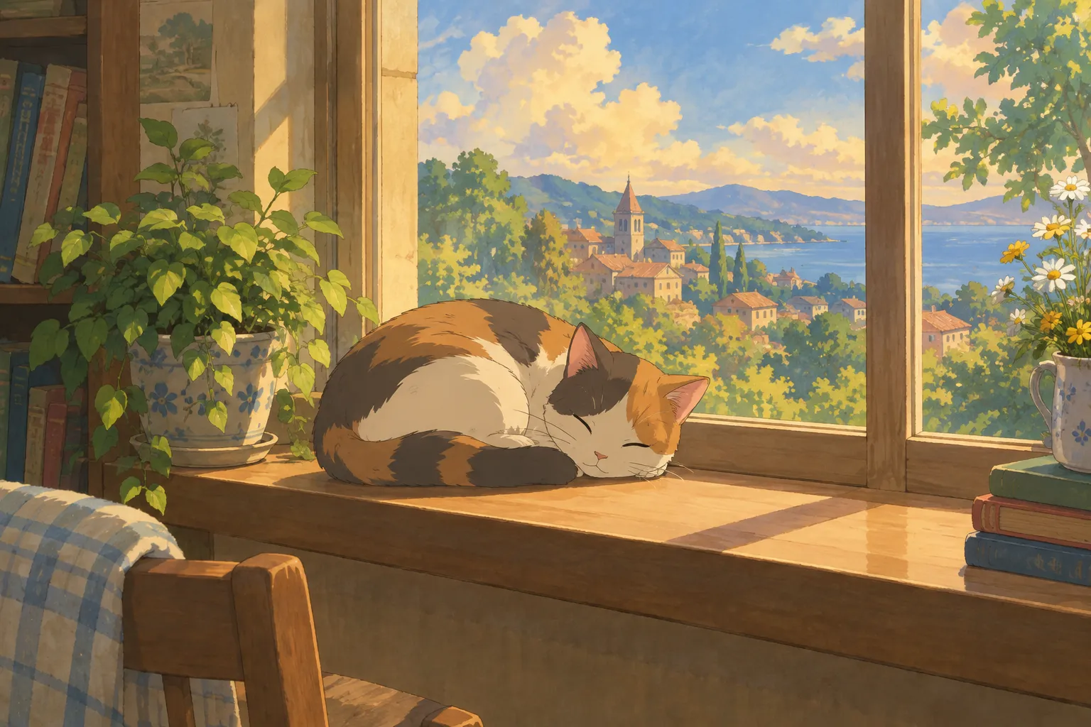 A cat curled up on a sunny windowsill, painted in a soft, warm, hand-painted anime style with golden afternoon light