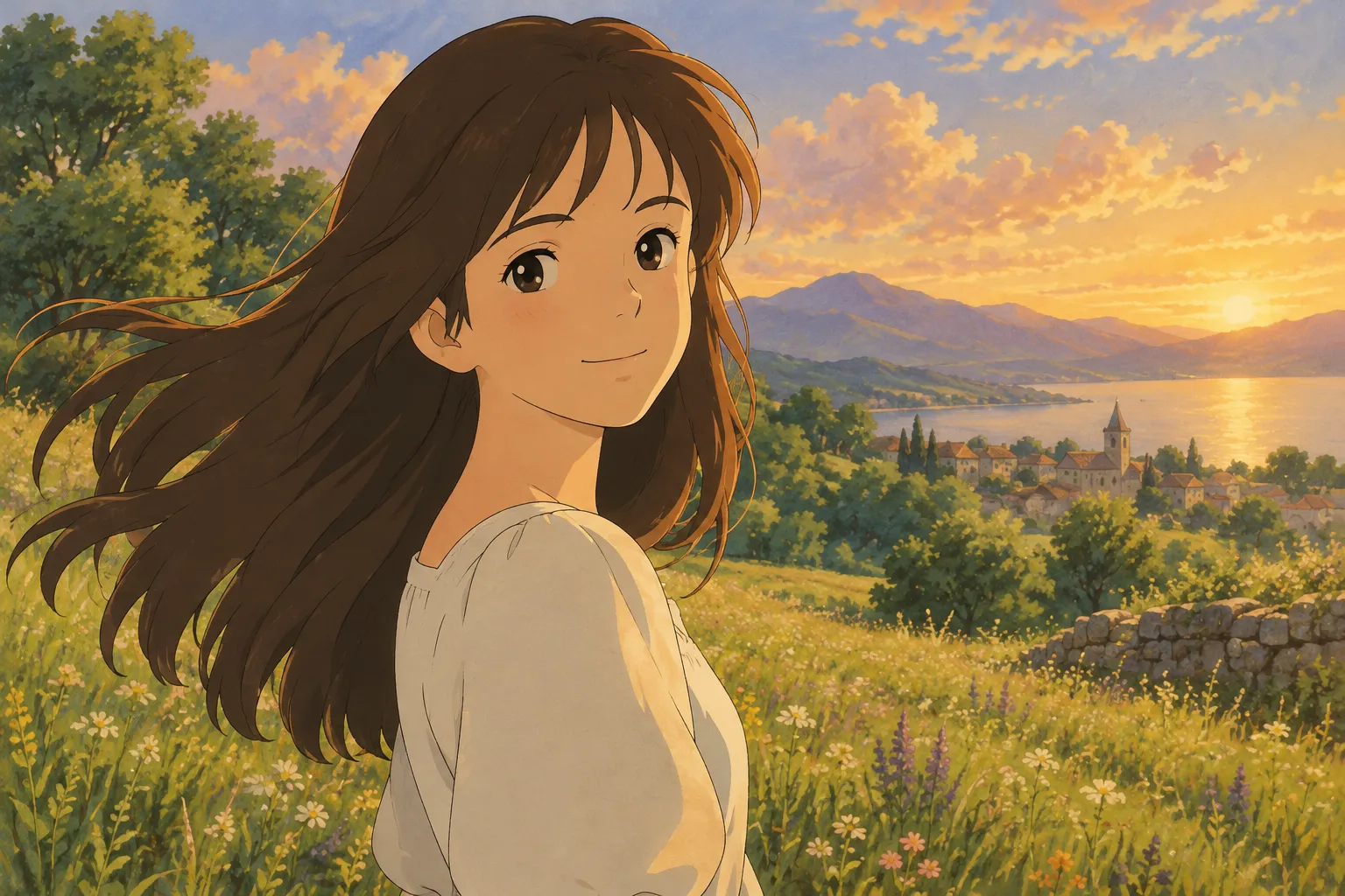 A young woman with warm, gentle features and softly painted eyes standing in a sunlit meadow, wind moving through her hair, warm golden-hour light