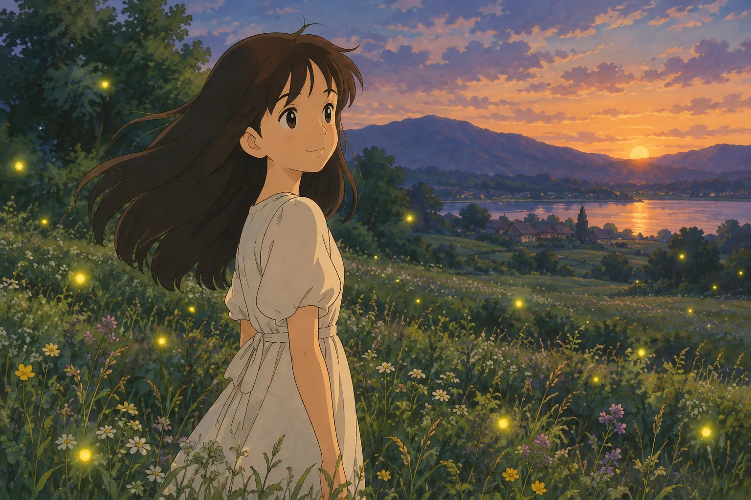 a girl with flowing hair standing in a sunlit meadow, surrounded by softly glowing fireflies at dusk, warm and peaceful mood