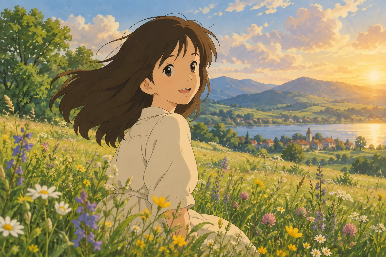 A girl in a sunlit meadow with wildflowers, wind in her hair, warm golden afternoon light, gentle painterly mood