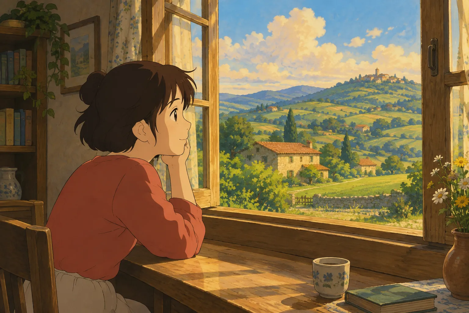 A warmly lit countryside scene with a figure sitting by a window, golden afternoon light, hand-painted anime film style