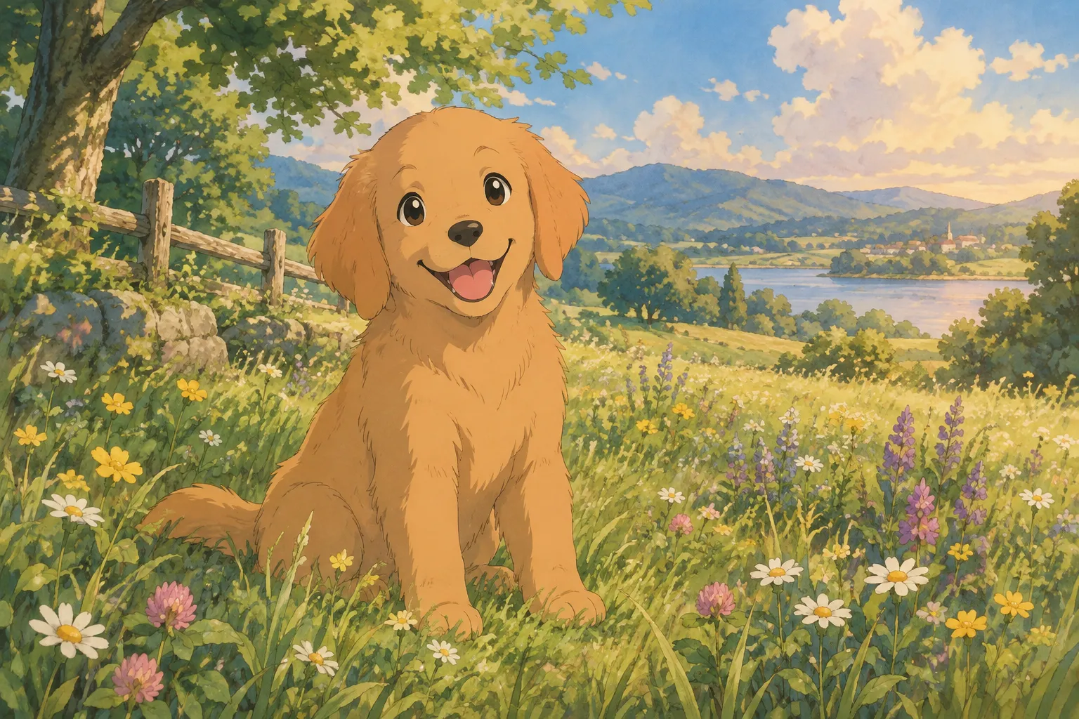 A cheerful golden retriever puppy sitting in a sunlit meadow with wildflowers, painted in a soft, hand-painted storybook style with warm afternoon light